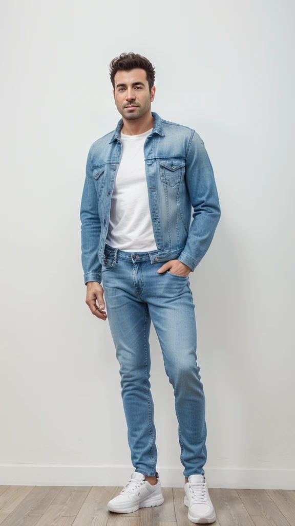 arafed man in a denim jacket and jeans standing in front of a white backdrop, full body picture, zoomed out full body, full body photogenic shot, full body shoot, full body portrait shot, full body photo of steve, full body profile camera shot, full body model, full body photograph, full-body-shot, full body shot!!