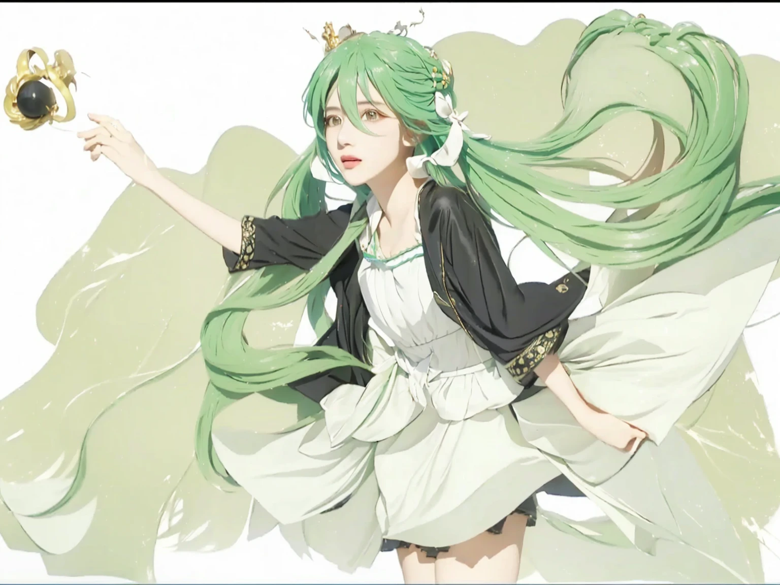 ((Masterpiece)), (best quality), (very detailed), ((very detailed)), 4k, (8k),1 girl,Hatsune Miku, girl with green hair and a black jacket holding a small black crown, realistic photo portrait, pixiv, conceptual art, vocaloid, palutena, mikudayo, hatsune miku, realistic style, green flowing hair, hatsune miku short hair, miku, girl with teal hair, top rated on pixiv