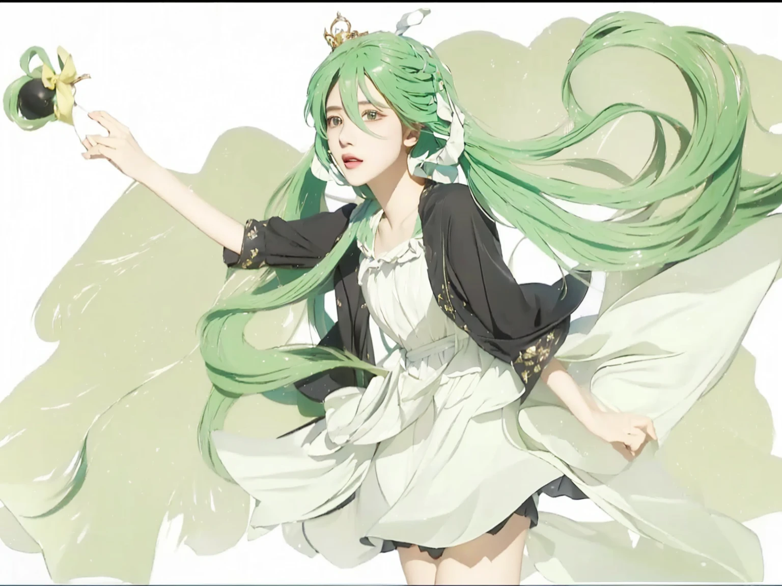 ((Masterpiece)), (best quality), (very detailed), ((very detailed)), 4k, (8k),1 girl,Hatsune Miku,  girl with green hair and a black jacket holding a small black crown, realistic photo portrait, pixiv, conceptual art, vocaloid, palutena, mikudayo, hatsune miku, realistic style, green flowing hair, hatsune miku short hair, miku,  girl with teal hair, top rated on pixiv