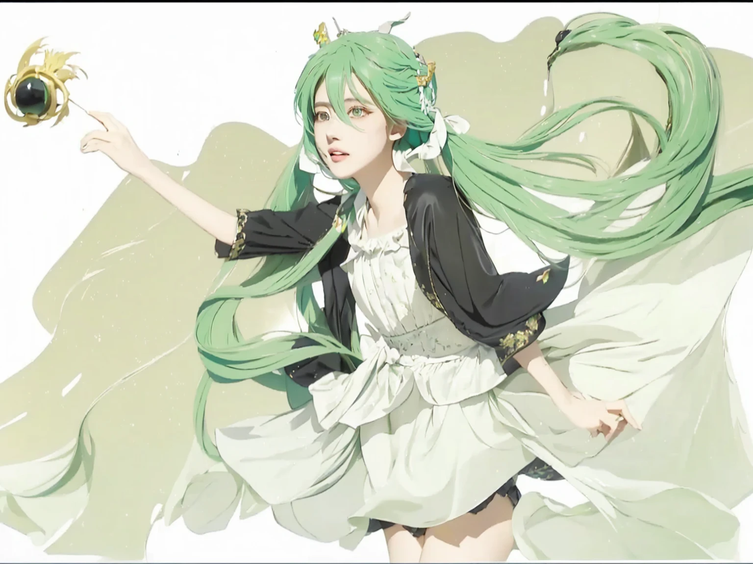 ((Masterpiece)), (best quality), (very detailed), ((very detailed)), 4k, (8k),1 girl,Hatsune Miku,  girl with green hair and a black jacket holding a small black crown, realistic photo portrait, pixiv, conceptual art, vocaloid, palutena, mikudayo, hatsune miku, realistic style, green flowing hair, hatsune miku short hair, miku,  girl with teal hair, top rated on pixiv