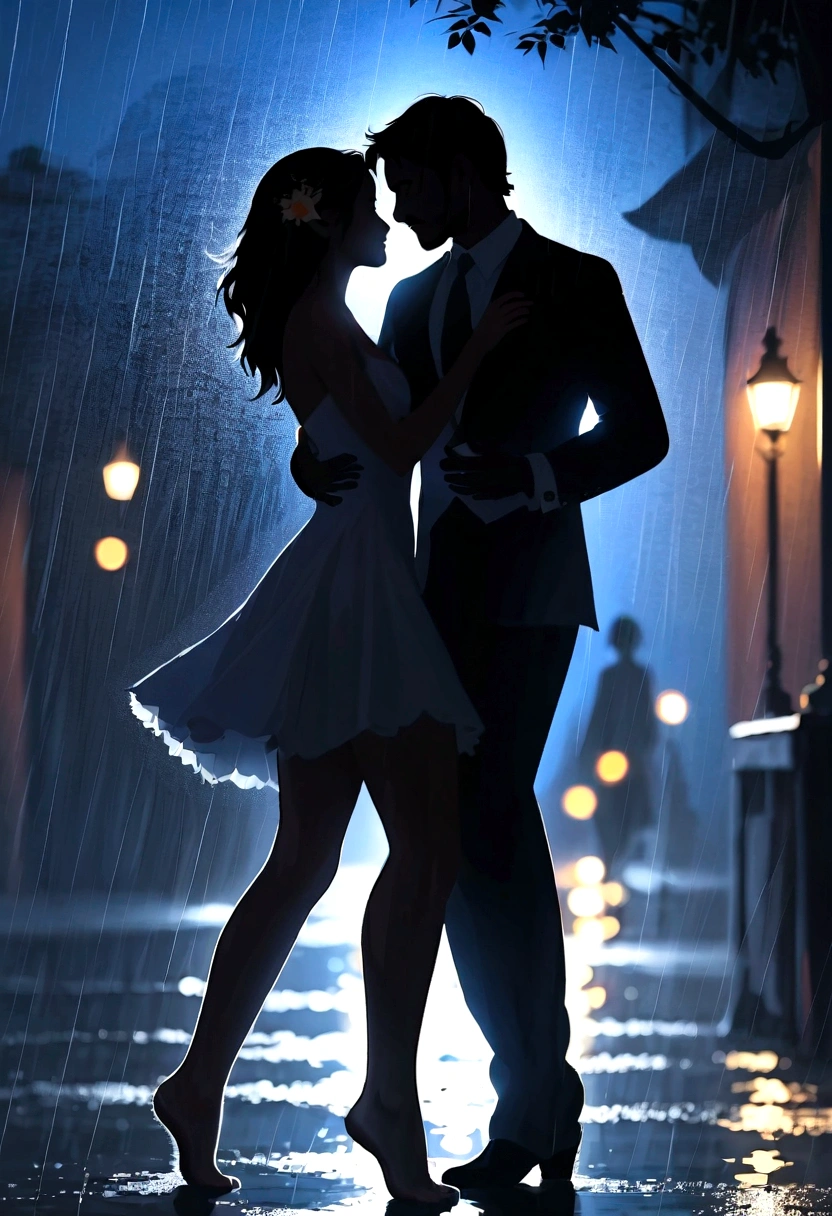 Dancing in the Rain, A blurry silhouette under the moonlight, knees together feet apart