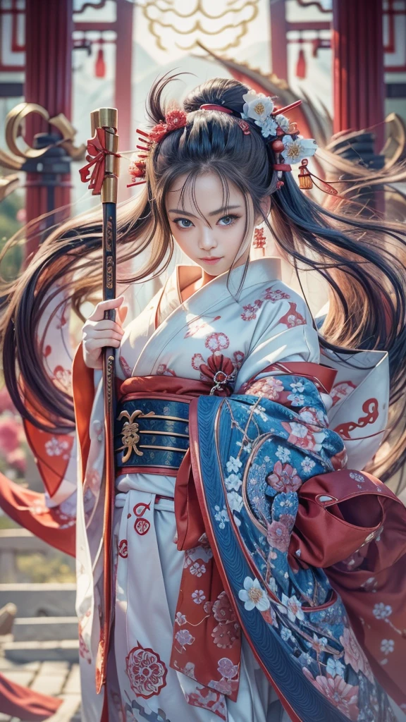 (32k:1.5, Highest quality, masterpiece, Ultra-high resolution), Perfect dynamic composition, Professional camera work:1.6, Captivating portrait:1.3, Cinematic Light, Very detailedな肌と顔の質感:1.3, Very accurate, Very detailed, (Ride the Red Dragon:1.3, Holding a walking stick), (mysteriousな:1.2, Great background:1.2, tradition:1.2, Belligerent:1.2, Majestic:1.2), Adult female, Graceful Goddess, Incredibly slim body, Fair skin, (smile:0.9, Totally captivates you:1.0), (Fractal Art:1.0, Japanese Shrine Maiden Costume:1.3), Ample breasts, Sensual sitting position:0.6, Calm pose, (Beautiful Blue Eyes, Beautiful erotic eyes:0.8, Feel the beautiful eroticism:0.9), romantic, dramatic, mysterious, Object of admiration, Artistic, Innovative, charm, sense of openness, sense of cleanliness, Heartful, Fancy, exciting, Extreme, ((大人のcharm, 女性的なcharm, Hair blowing in the wind))