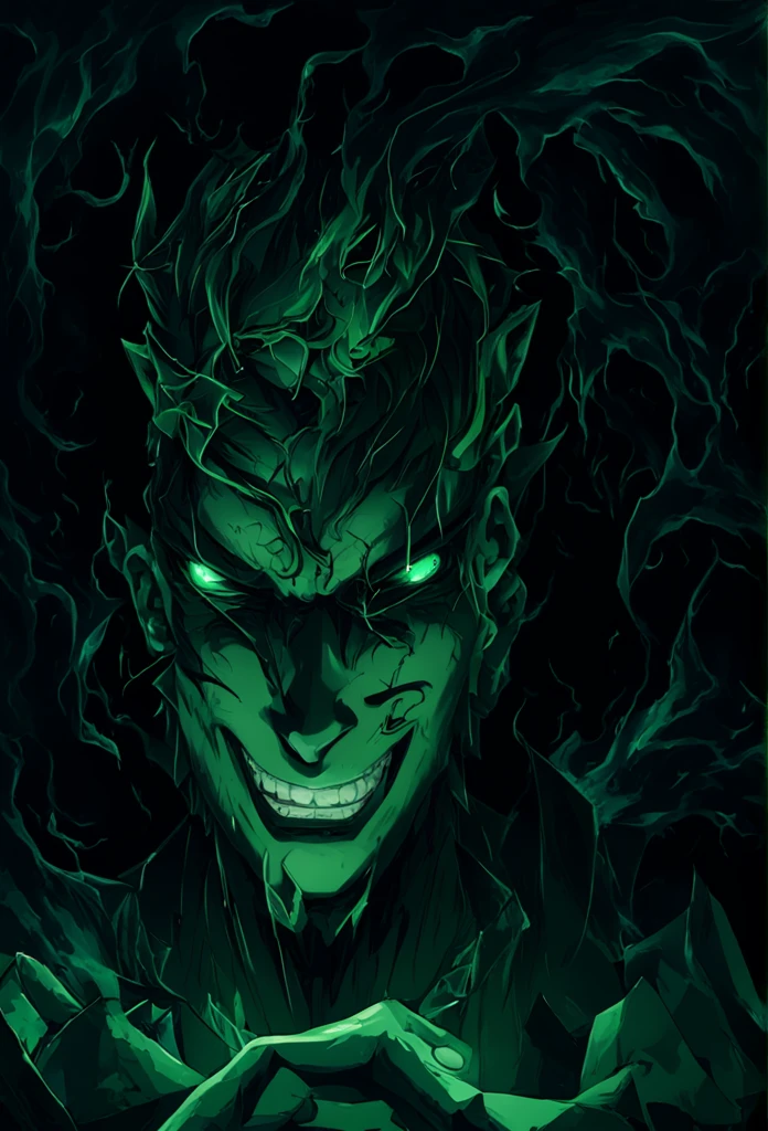 anime man with a dark and brooding demeanor, with glowing green eyes and a malicious grin, into a powerful computer with visible electric currents flowing through his body, while ominous shadows surround him, (sinister:1.2), (dark and moody lighting), (ominous atmosphere), (contrast between light and darkness)