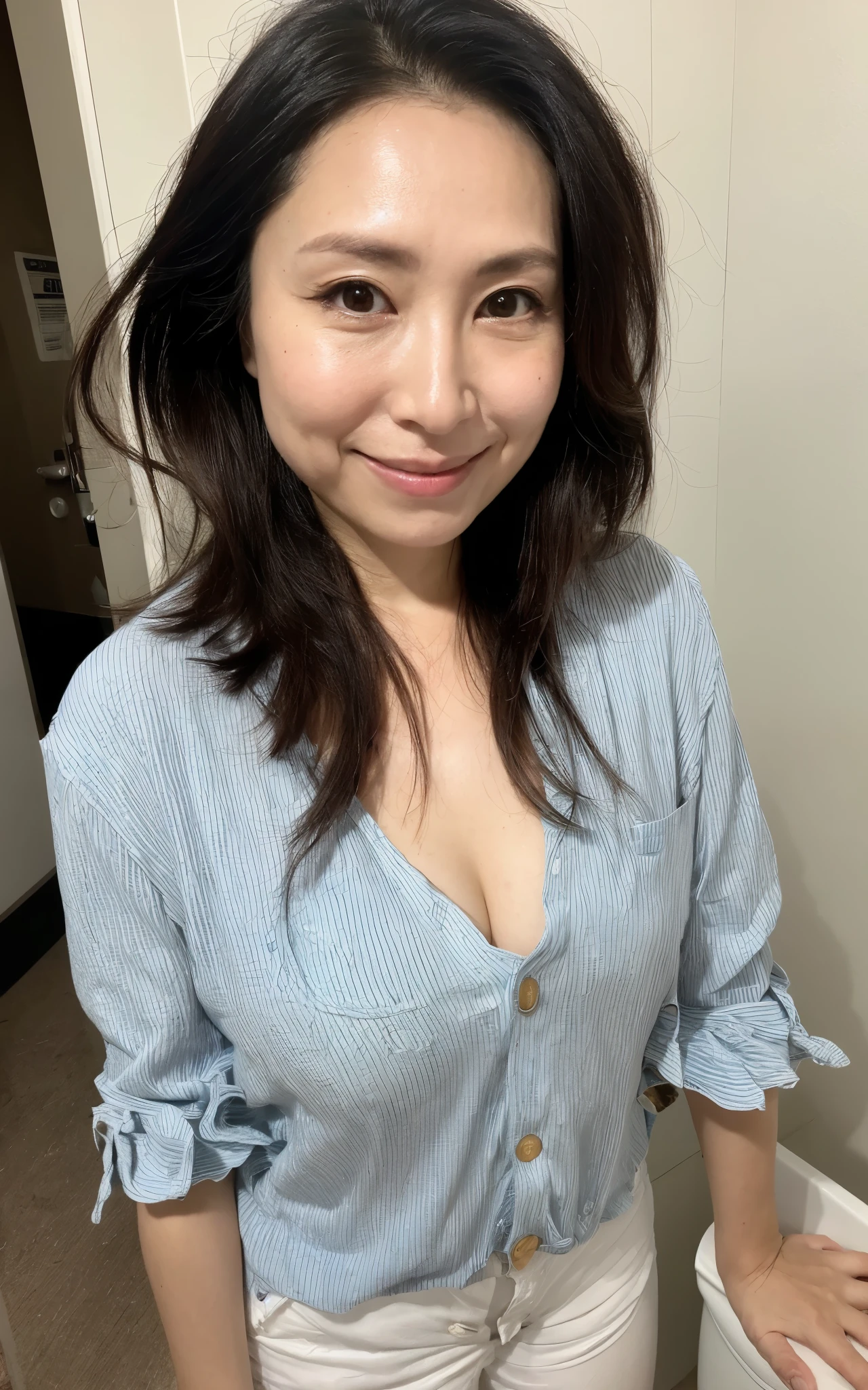 ((Best Quality, 8k, Masterpiece, Portrait: 1.3, Photorealistic)), (from below, look down, looking at viewer), (cowboy shot:1), Sharp Focus, ((Solo)), 1 Japan Milf, Beauty, (impish expression), Cloth with Cleavage View, 45 Years Old, Wavy Hair, Wrinkles at the Corners of the Eyes, Emphasized, wearing gorgeous underwear, wet bathroom floors,