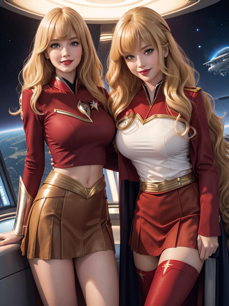 Supergirl, 27 years old, Beautiful woman (((long wavy honey blonde hair, two side up with bangs))) defined body, cherry Red lipstick, smiling slightly, hands free, standing facing camera, (( starfleet red officers uniform with skirt)), starship observation lounge overlooking planet below (huge_breasts:1.0)(curvy:1.0)