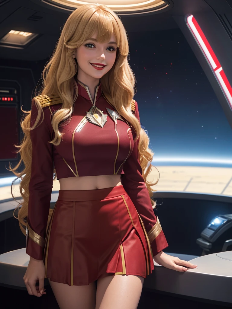 Supergirl, 27 years old, Beautiful woman (((long wavy honey blonde hair, two side up with bangs))) defined body, cherry Red lipstick, smiling slightly, hands free, standing facing camera, (( starfleet red officers uniform with skirt)), starship observation lounge overlooking planet below (huge_breasts:1.0)(curvy:1.0)