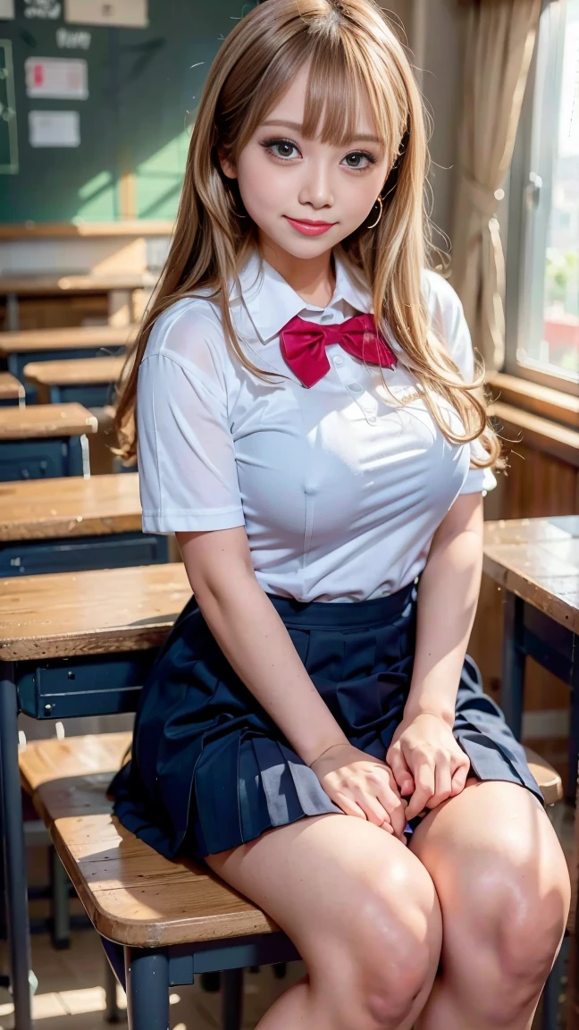 Heavy makeup,,smile,blonde,Japanese,White shirt, Ribbon tie, Pleated skirt, Micro Mini Skirt, loafers, whole body,Beautiful thighs,Sitting,Real schoolgirl:1.3,Honor student,Classroom during lesson