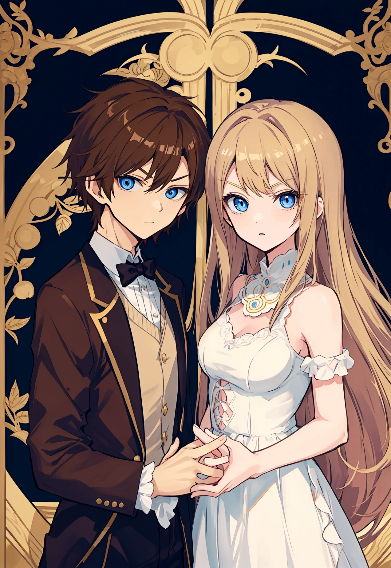 A manga style brown hair girl with a blond boy with blue eyes, the two are close. They like