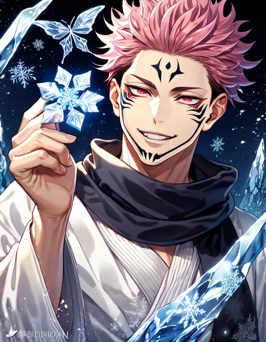 absurdres, highres, ultra detailed, HDR, master piece, best quality, extremely detailed face, delicated features, Ryoumen Sukuna, pink hair, expressive red eyes, Jujutsu Kaisen, sexy man, solo, handsome, smirk, white kimono, black scarf, fantasy, magical, ice, ice butterflies, snowflakes, starry night, ice style