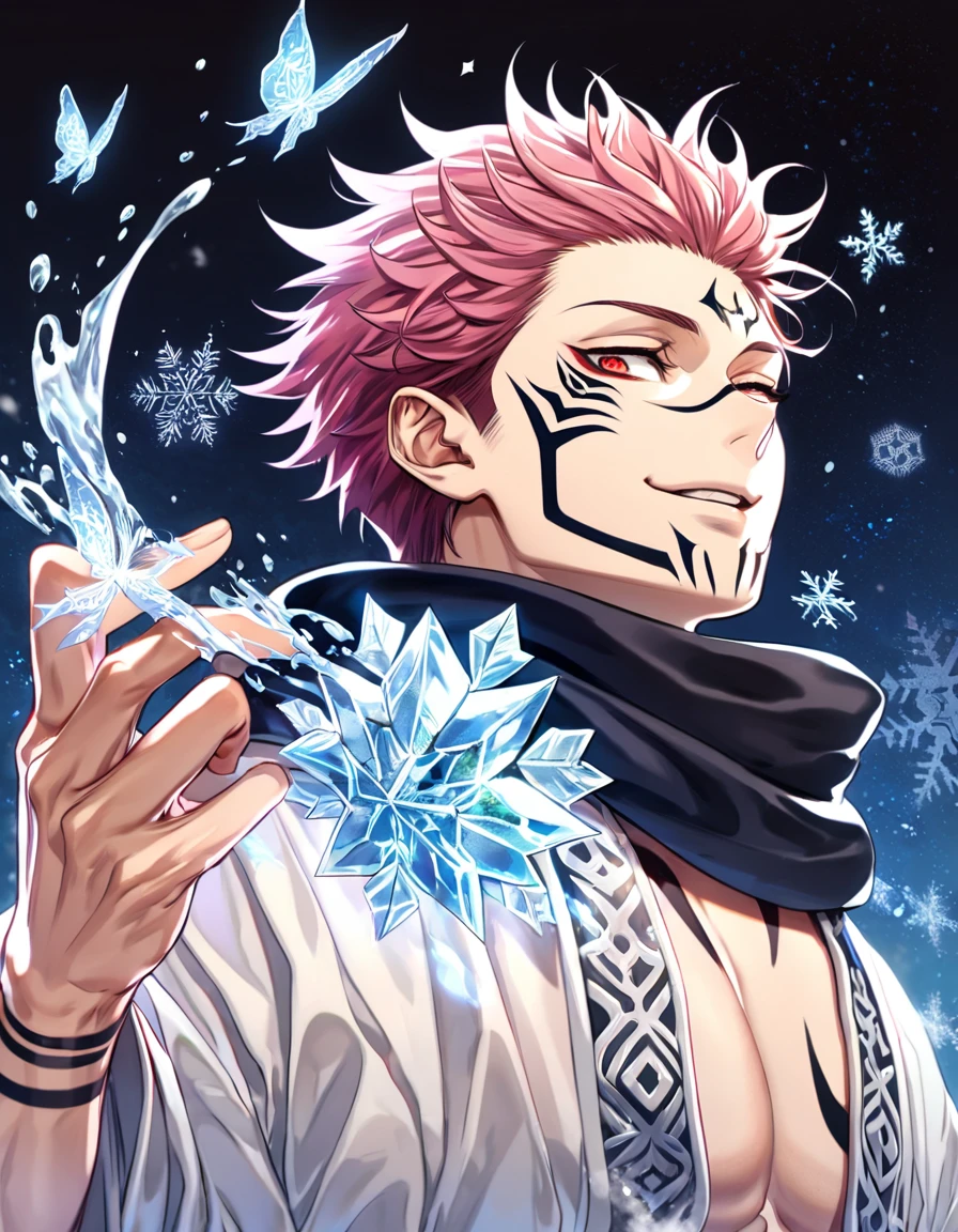 absurdres, highres, ultra detailed, HDR, master piece, best quality, extremely detailed face, delicated features, Ryoumen Sukuna, pink hair, expressive red eyes, Jujutsu Kaisen, sexy man, solo, handsome, smirk, white kimono, black scarf, fantasy, magical, ice, ice butterflies, snowflakes, starry night, ice style