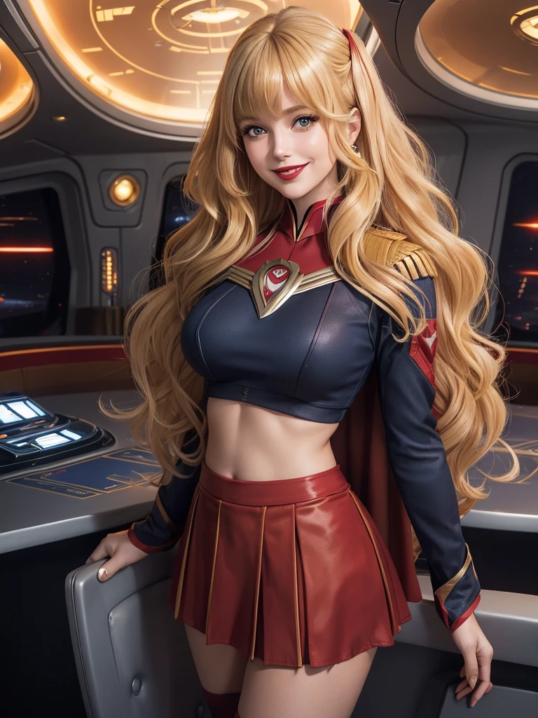 Supergirl, 27 years old, Beautiful woman (((long wavy honey blonde hair, two side up with bangs))) defined body, cherry Red lipstick, smiling slightly, hands free, standing facing camera, (( starfleet red officers uniform with skirt)), starship observation lounge overlooking planet below (huge_breasts:1.0)(curvy:1.0)
