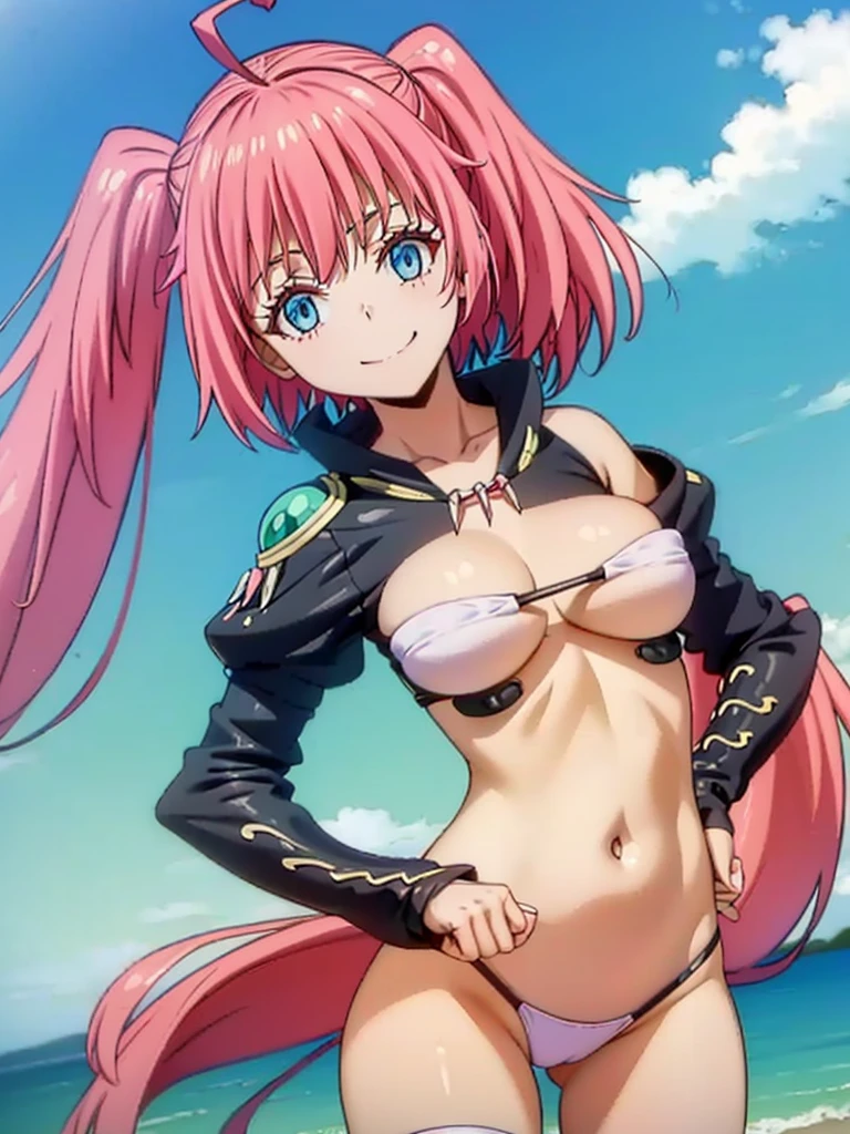 1girl, solo, beautiful girl, brunette skin, blue eyes, big eyes, detailed eyes, long eyelashes, pink hair, long hair, sidelocks, twintails, head tilt, fang, medium breasts, black bikini, string bikini, bikini bottom only, white crop top, asymmetrical legwear, ahoge, clothing cutout, cowboy shot, juliet sleeves, long sleeves, puffy sleeves, pink legwear, revealing clothes, shoulder cutout, pink thighhigh, no pants, skindentation, smile, looking at viewer, narrow waist, perfect hands, perfect anatomy, cleavage, midriff, navel, covered nipples, outdoors, flying, blue sky, clouds, ultra detailed eyes, anime style,
