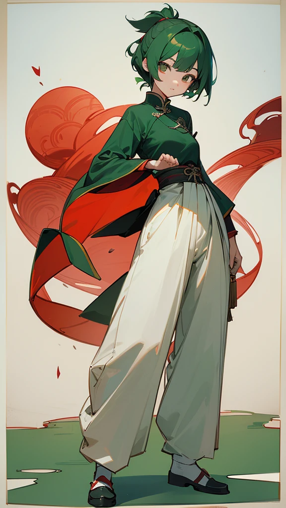 (Artwork, Highest quality, Facial details, Very redundant, Advanced Details, Highest quality, High resolution, 8K) frontを向いている、Green Hair、Her hair is short、small breast、upright stance、full body、Fighter、Uniform、Chinese Knight、Chinese style、White background、Simple Background、 exposure、China dress、pants、band、front、White clothes、Kung Fu、slender