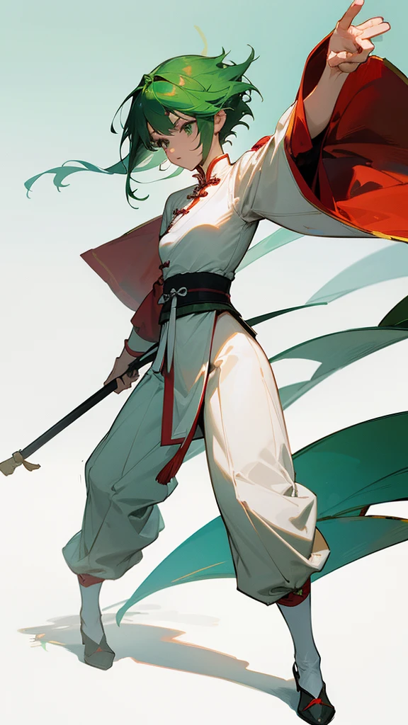 (Artwork, Highest quality, Facial details, Very redundant, Advanced Details, Highest quality, High resolution, 8K) frontを向いている、Green Hair、Her hair is short、small breast、upright stance、full body、Fighter、Uniform、Chinese Knight、Chinese style、White background、Simple Background、 exposure、China dress、pants、band、front、White clothes、Kung Fu、slender