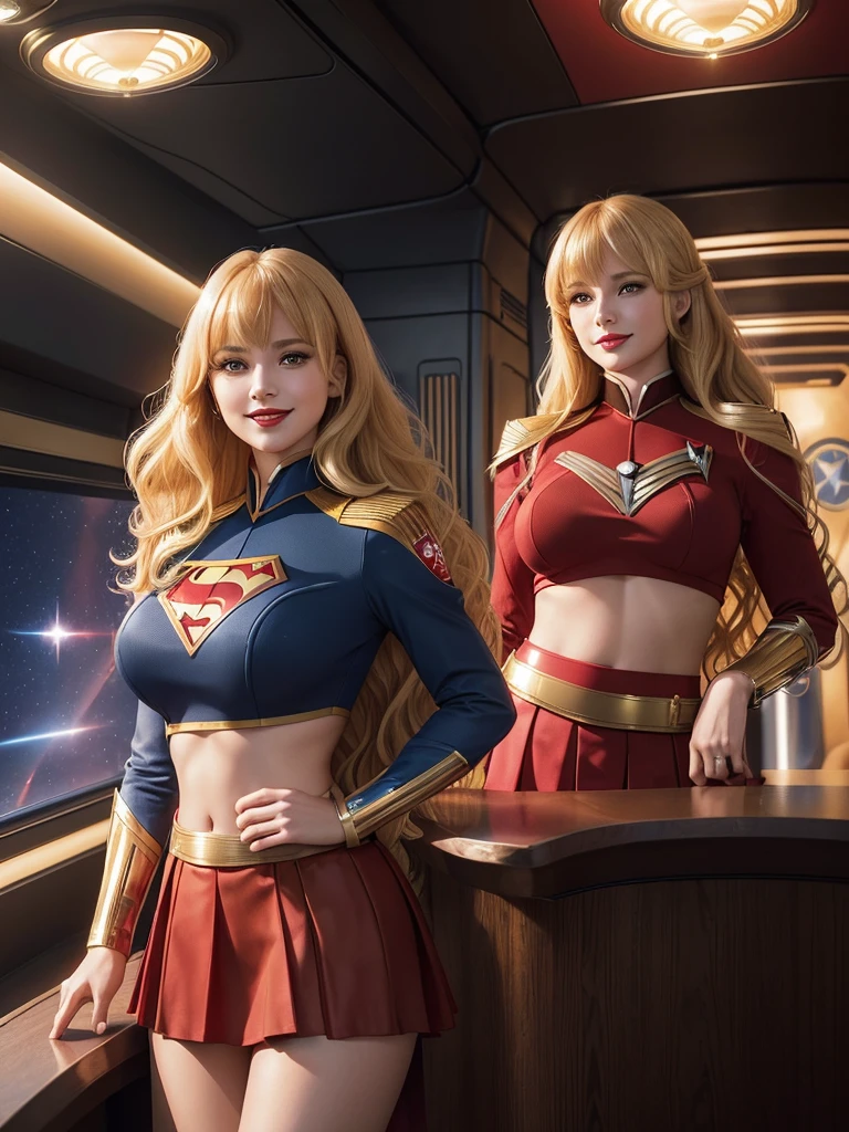 Supergirl, 27 years old, Beautiful woman (((long wavy honey blonde hair, two side up with bangs))) defined body, cherry Red lipstick, smiling slightly, hands free, standing facing camera, (( starfleet red officers uniform with skirt)), starship observation lounge overlooking planet below (huge_:1.0)(curvy:1.0)