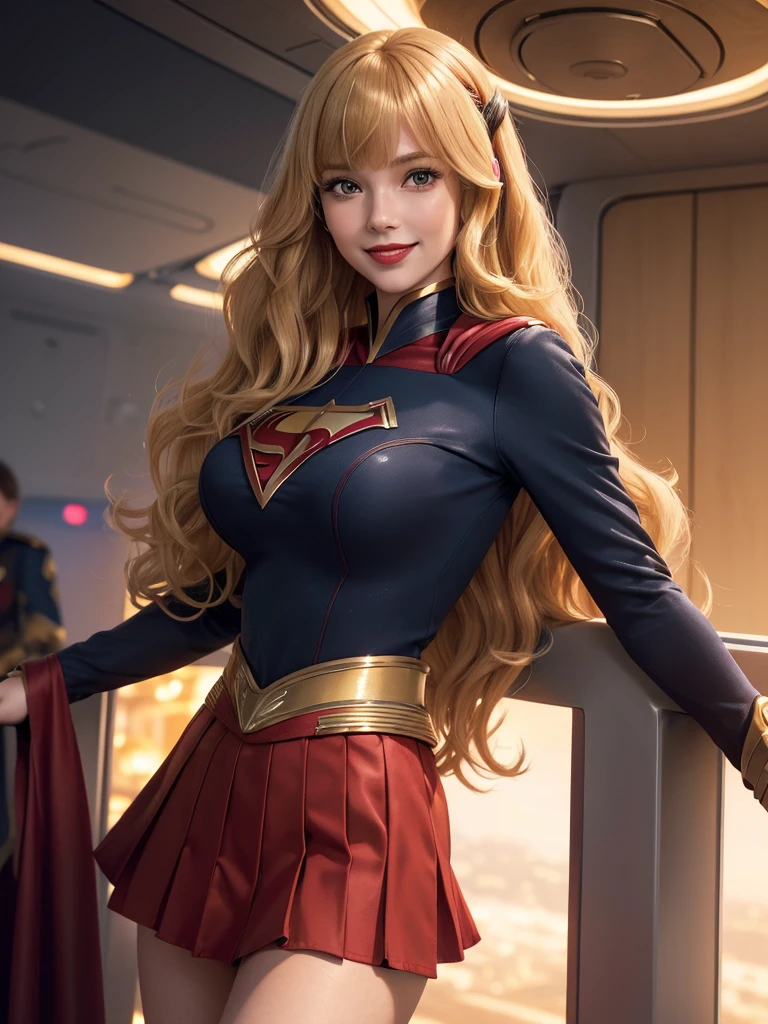 Supergirl, 27 years old, Beautiful woman (((long wavy honey blonde hair, two side up with bangs))) defined body, cherry Red lipstick, smiling slightly, hands free, standing facing camera, (( starfleet red officers uniform with skirt)), starship observation lounge overlooking planet below (huge_breasts:1.0)(curvy:1.0)