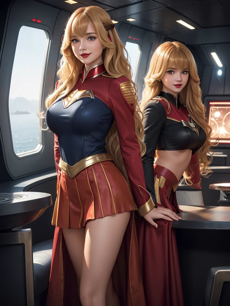 Supergirl, 27 years old, Beautiful woman (((long wavy honey blonde hair, two side up with bangs))) defined body, cherry Red lipstick, smiling slightly, hands free, standing facing camera, (( starfleet red officers uniform with skirt)), starship observation lounge overlooking planet below (huge_breasts:1.0)(curvy:1.0)