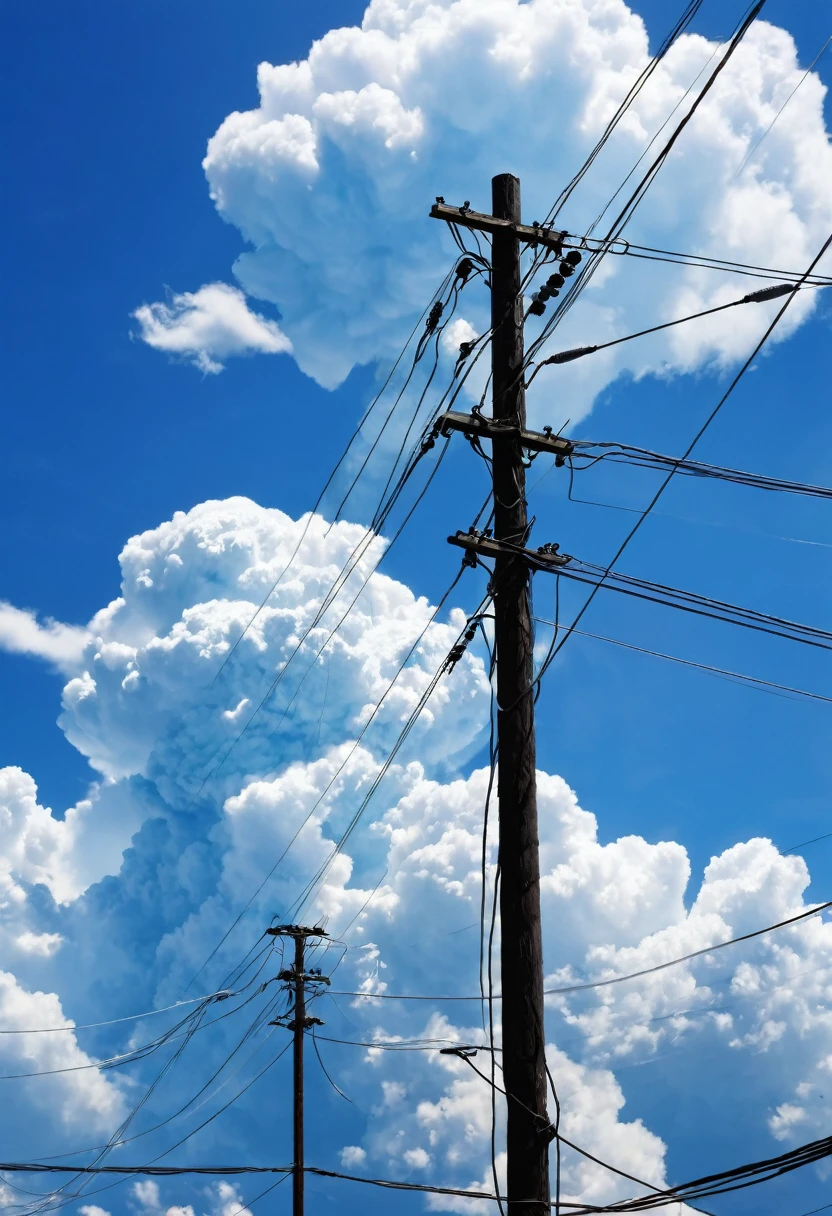 wallpaper, Summer blue sky, Electric pole, cumulonimbus, electric wire, Midday, Hyper Detail、movie, Surrealism, soft, Ray Tracing、diffusion (Ultrafine glass reflection)、Surrealism。