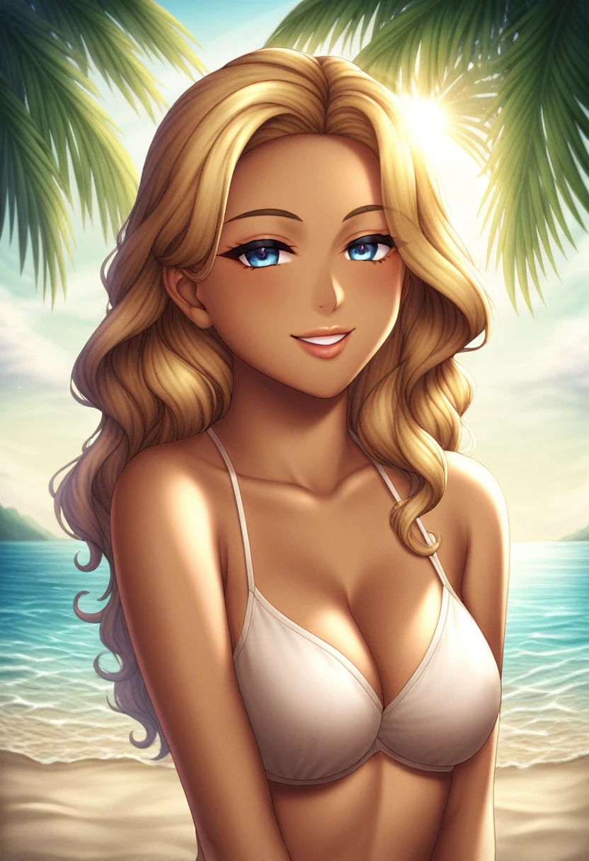 (best quality,4k,8k,highres,masterpiece:1.2),ultra-detailed,(realistic,photorealistic,photo-realistic:1.37),HDR,UHD,studio lighting,ultra-fine painting,sharp focus,vivid colors,bokeh,portrait of 1girl,teenage Japanese girl with long flowing hair,wearing a mini sheer Gstring,standing on a summer beach,golden sand,crystal clear water,gentle waves,lush palm trees in the background,sunlight reflecting off the water,beautiful detailed eyes,beautiful detailed lips,smiling expression,tan skin,summer breeze,rays of sunlight,soft shadows
