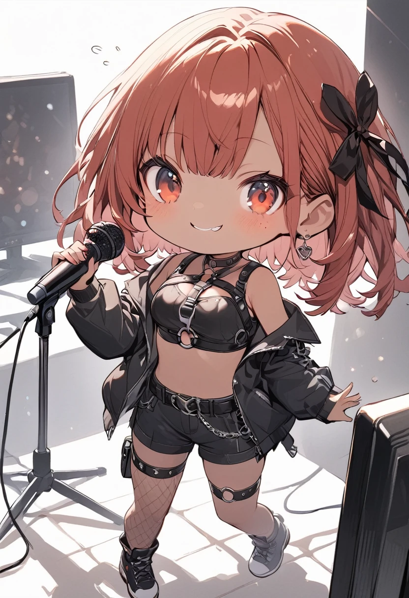 full body,1 girl, (cute:1.3),short red Hair, left eye blue, right eye yellow, tan skin, freckles,{open sexy clothes, black skirt, Black stockings, long sleeves, chest harness, black shirt, crop top, shorts, Shoes, O-Ring, midriff, off shoulder, medium breasts, thigh strap, shorts, fishnet stockings,Glossy, shiny material, chibi emote, chibi character, chibi, holding microphone with both hands, singing into microphone, singing, karaoke, embarrassed expression