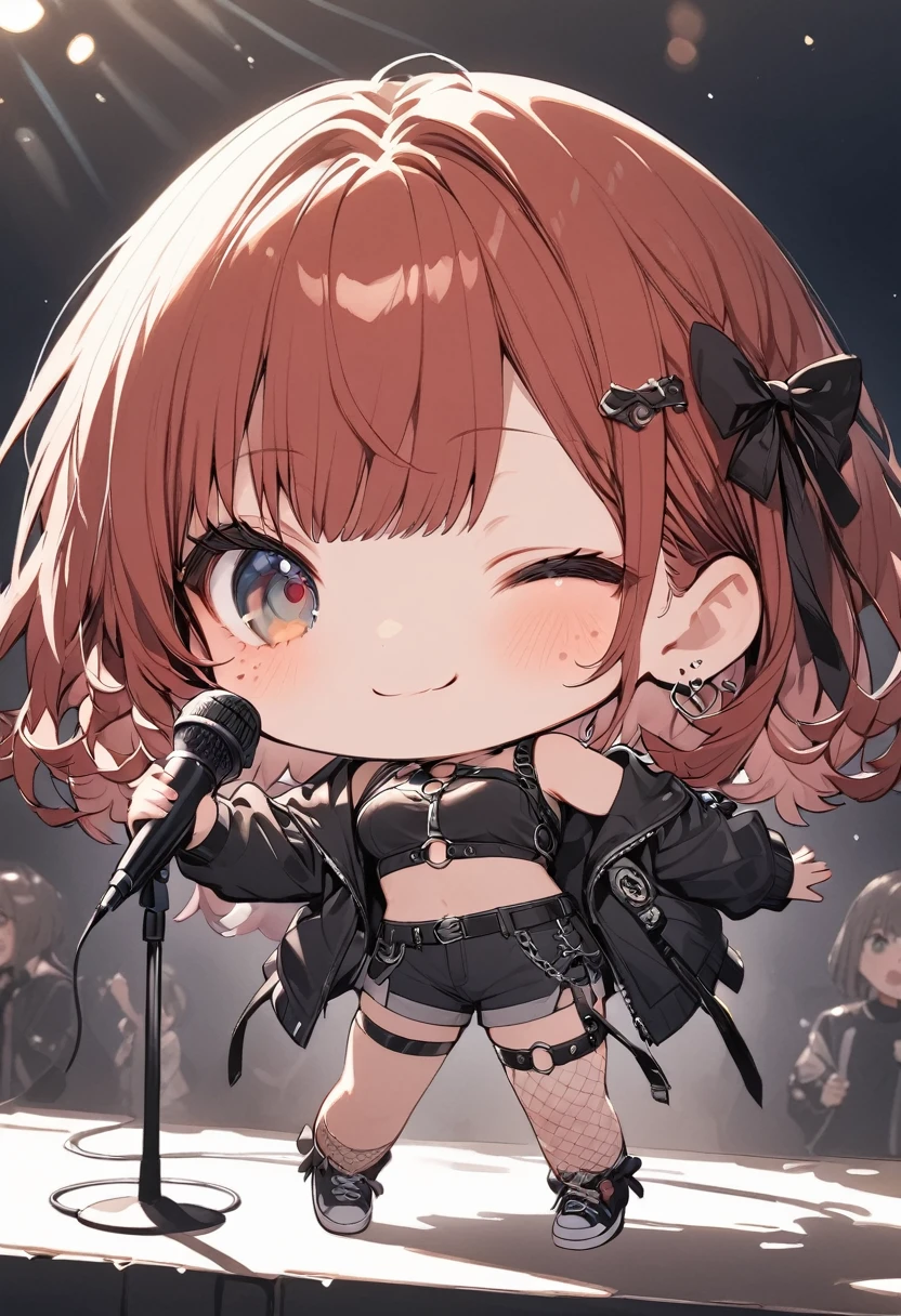 full body,1 girl, (cute:1.3),short red Hair, left eye blue, right eye yellow, tan skin, freckles,{open sexy clothes, black skirt, Black stockings, long sleeves, chest harness, black shirt, crop top, shorts, Shoes, O-Ring, midriff, off shoulder, medium breasts, thigh strap, shorts, fishnet stockings,Glossy, shiny material, chibi emote, chibi character, chibi, holding microphone with both hands, singing into microphone, singing, karaoke, embarrassed expression