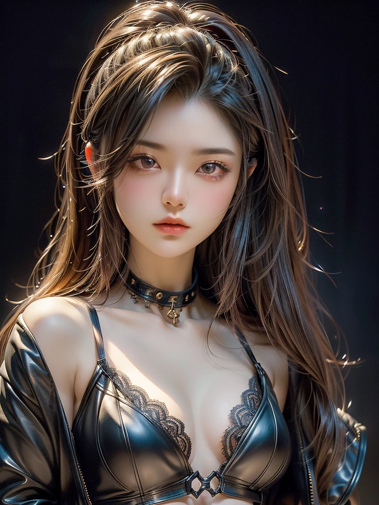 ((Highest quality)),(Ultra-high resolution),(Very detailed),(Detailed Description),((The best CG)),(masterpiece),Ultra-detailed art, Black background、Dramatic lighting1.2、Gives off a radiant aura、semi-long、(((Mid-shot photo 1.5)))、Always look at the viewer with a sharp gaze、Black lace bra、leather jacket、