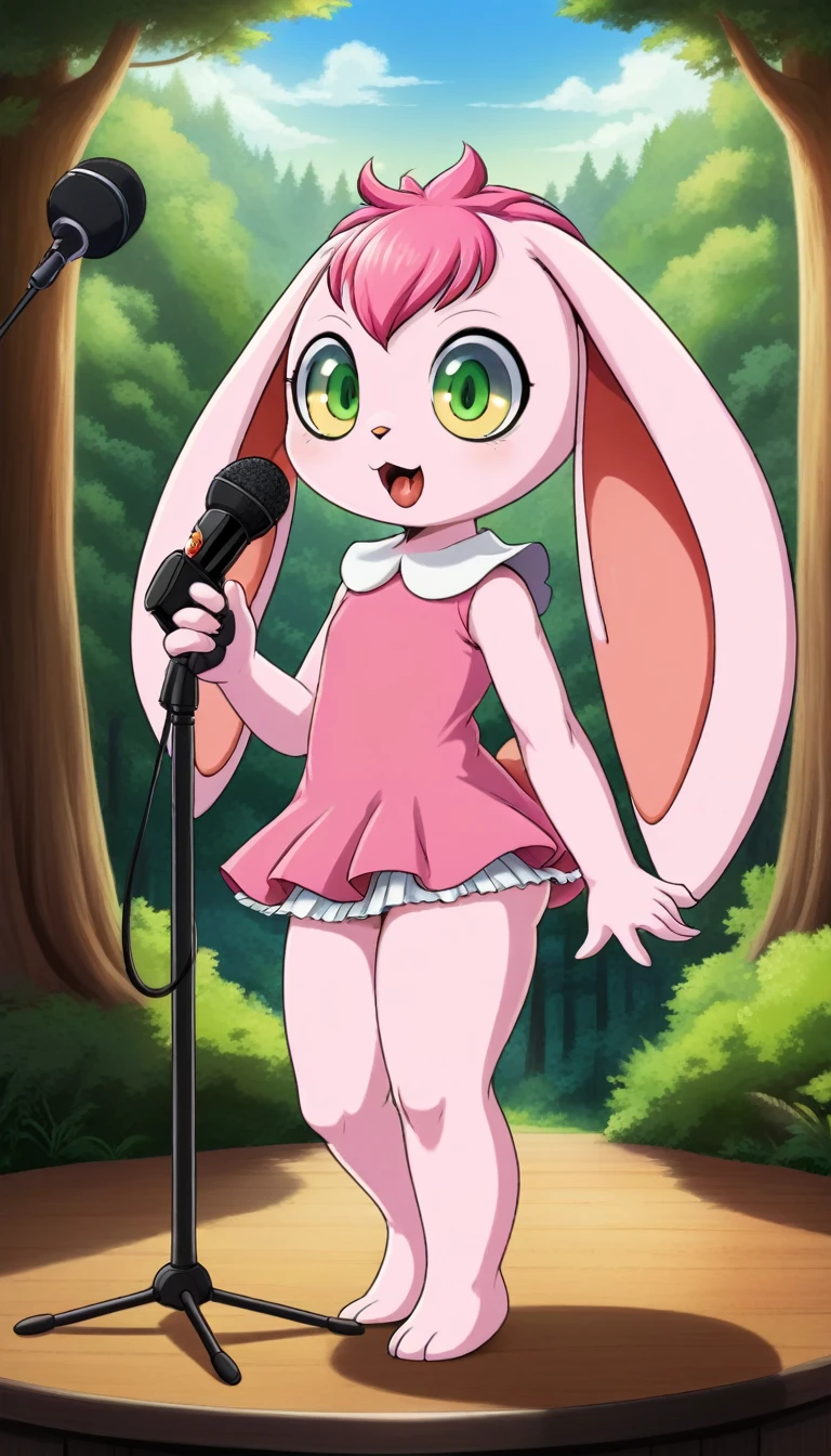 score_9_superior, score_8_superior, score_7_superior, Highest quality, masterpiece, sauce_anime, Detailed Background, forest, light, Break 1 Girl, alone, Pudding_(\Pokemon\), Pokemon_(Living things), Pink body, Round body, Big Ears, Pink Hair, Big eyes, Green Eyes, sing, (Holding a microphone:1.3), smile, Open your mouth,
