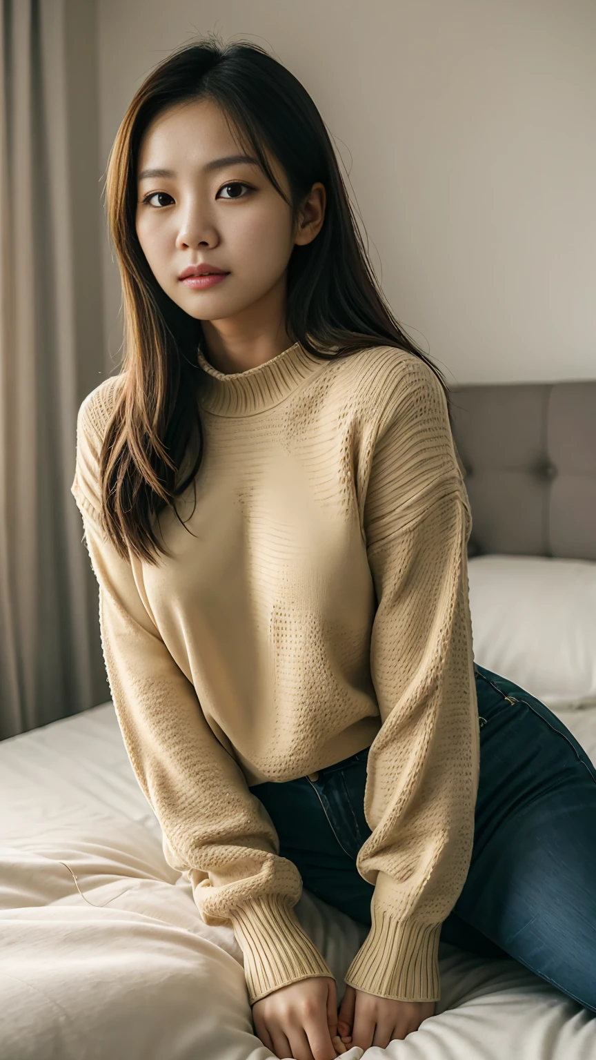 A young Korean woman in a knitted sweater, sitting on a  bed, messy hair, face straight to viewer, sexy pose, seductive expression, sexy face, detailed face, detailed clothing, detailed background, natural lighting, warm colors, beautiful scenery, intricate details, highly detailed, photorealistic, 8k, ((masterpiece)), cinematic, portrait