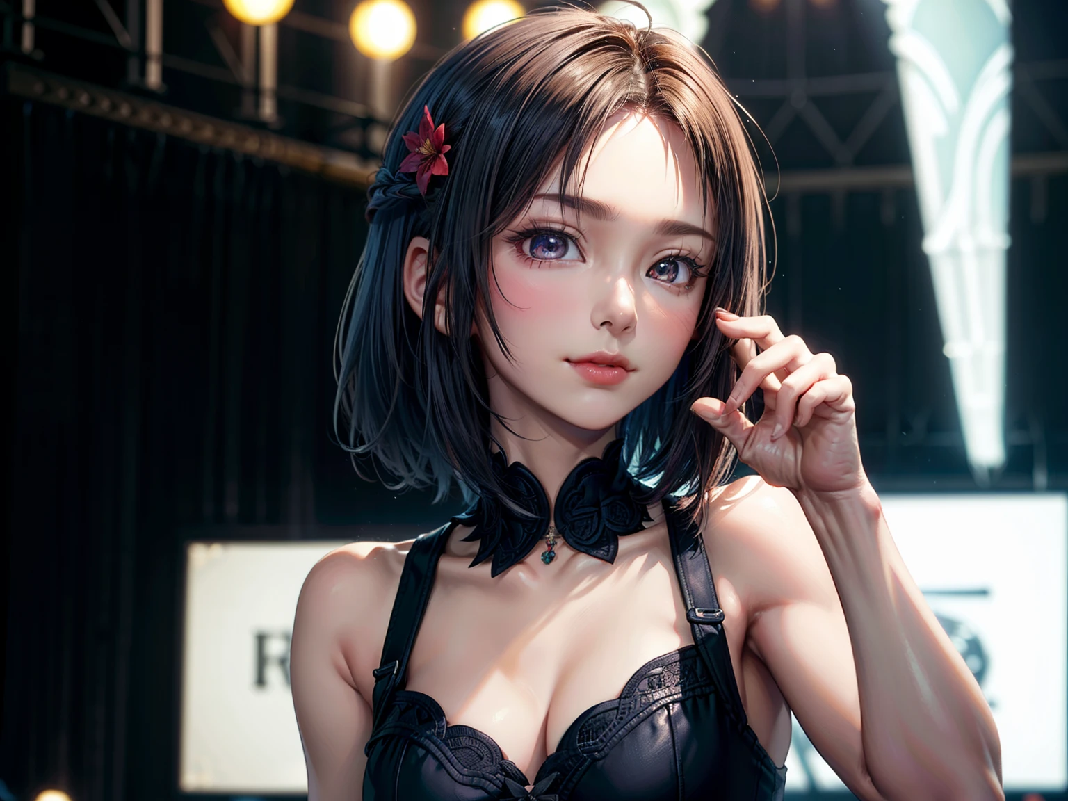 ((Best of the highest quality, 8k, Masterpiece, raw photo: 1.1)), (Sharp focus: 1.1), (1 AESPA, slim body type female, 22 y/o: 1.1), solo, Portrait Waist Up, (realistic, photo-realistic:1.37), face focus, cute face, finely eyes, (short bob hair, updo, forehead: 1.2), (sharp chin, droopy eyes: 1.32), (Emphasize prominent aegyo-sal with bright: 1.28), shimmering eyeshadow applied under the lower lash line, paired with thick, (small breasts, flat chest: 1.2), alternative outfit, walking on stage, microphone, flower,