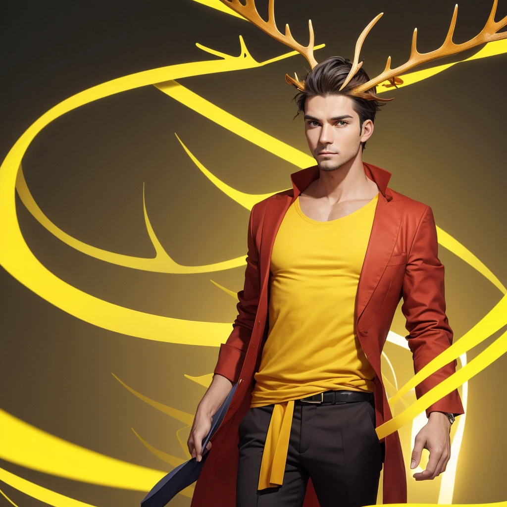 Generate an image of a male entrepreneur standing upright with a serious expression, facing directly forward in a passport-style shot. He is wearing yellow clothing and has antlers growing from his head. Ensure the background is simple to emphasize his presence.
