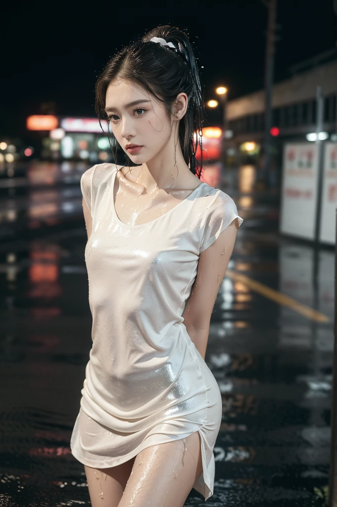 (((best quality))),(((ultra detailed))),(((masterpiece))),illustration,((1 beautiful girl,solo)),(dancing:1.3),((slim,thin)),short ponytail,((small breasts,flat chest)),floral short-sleeved shirt-dress,slender legs,rainy night, heavy rain, drenched clothes, melancholy expression, solitude, tear rolling down cheek, wet hair, empty streets, dimly lit, deserted environment, sound of rain, footsteps, symbol of hope, abandoned, resilience, determination, walking in rain, heartbreak, loss, love fading, loneliness, body language, facial expression, dreary atmosphere, rain-soaked streets, somber mood, viewer engagement,from front,urban scape,night scene,(((wet,sweat,shiny skin))),