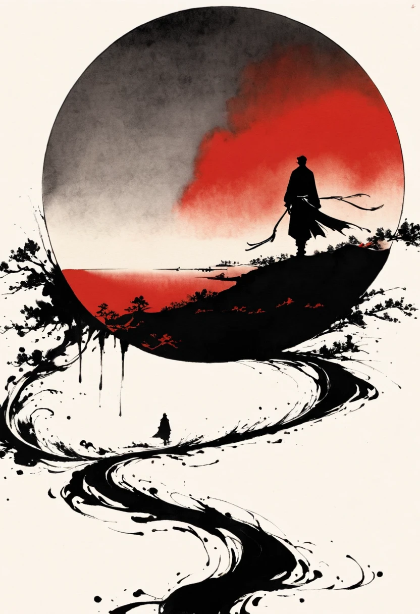 中国Ink Painting, Gray and White, Minimum,White background,The Trail, Minimalism, Huge negative space, Ink Painting, Abstract,Blood-stained sunset,solitary Man