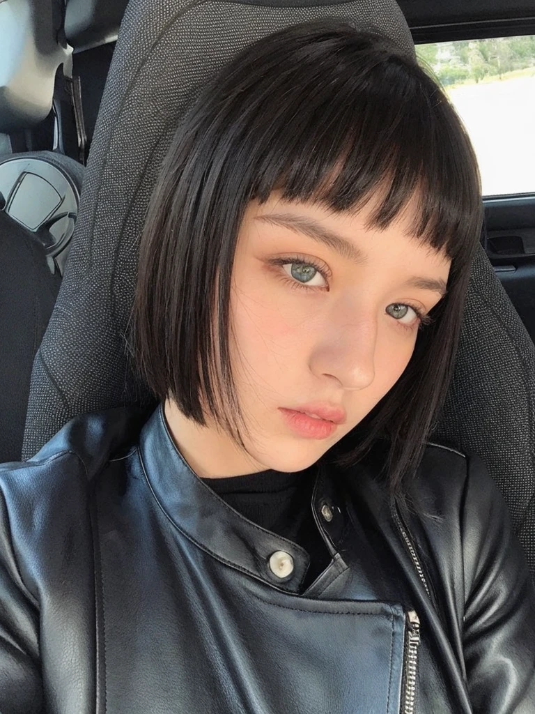 Pale teenage girl with silky black hair and bangs above her eyebrows, with small pink lips and a small, thin potato nose, and light green eyes, taking a photo in a black car looking at the camera with an intimidating look and making a face and good quality