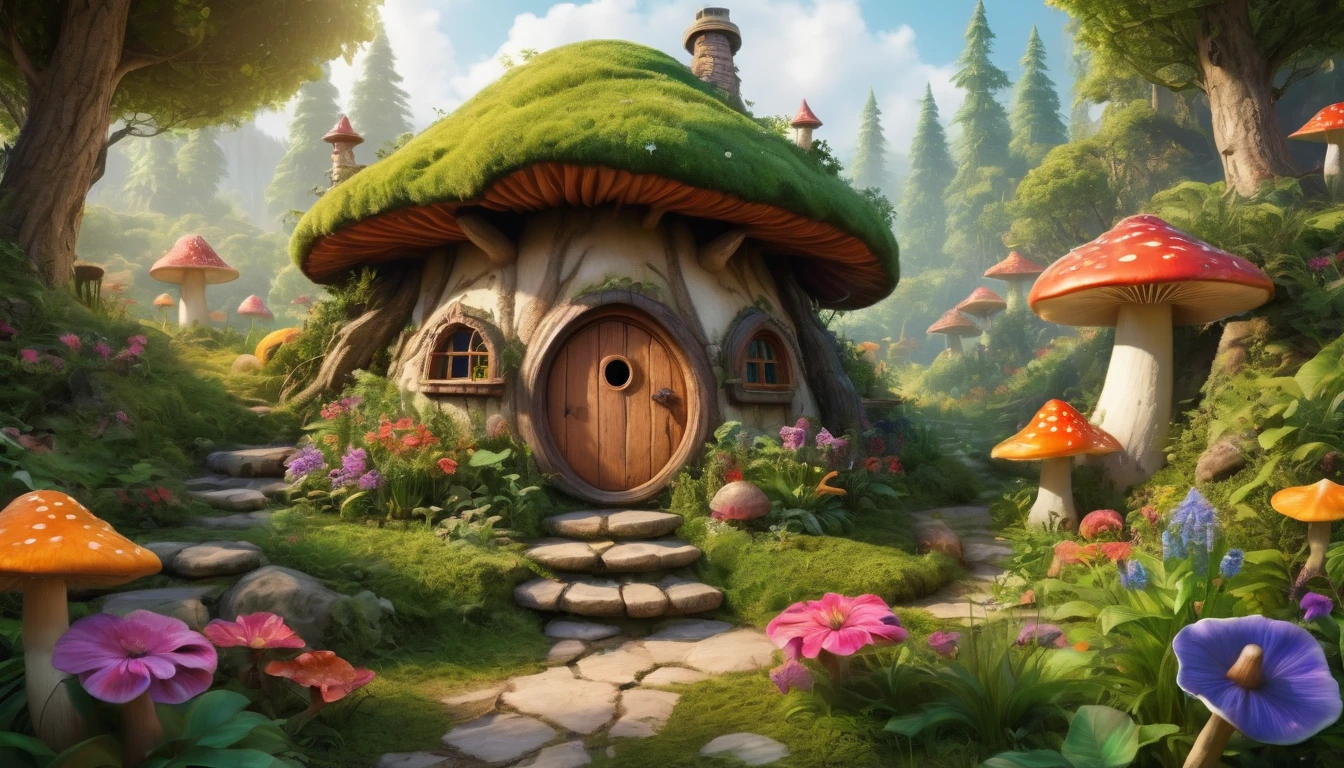 A mysterious fantasy forest with dense trees and a strange, cute little tree (1.5x). A hobbit cabin vividly depicted (Best quality, 8K, Advanced resolution, Masterpiece: 1.2) with ultra-detailed realism (1.4x realism, Photorealistic: 1.37). The forest is bright and bathed in warm sunlight, creating a cheerful, whimsical atmosphere. The house, designed with intricate details and unique mushroom-shaped architecture, adds to the magic. Lush greenery and colorful flowers surround the scene, enhancing the enchanting environment. The artwork, inspired by children's book illustrations, uses vibrant rainbow colors to evoke joy and playfulness. Soft, warm shadows add depth and warmth, presenting every detail impeccably to capture the essence of the fantasy forest.