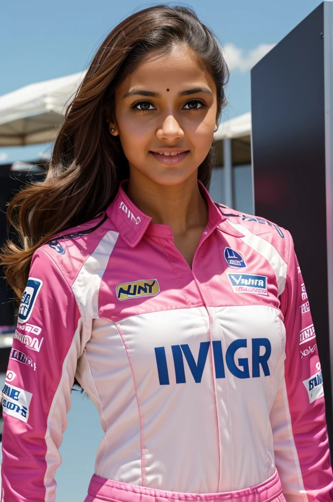 a light-skinned brown girl with honey-colored eyes wearing a pink formula 1 uniform, the uniform is from the blazing race team, It has pink colors, white and sky blue and around the uniform are sponsorship logos