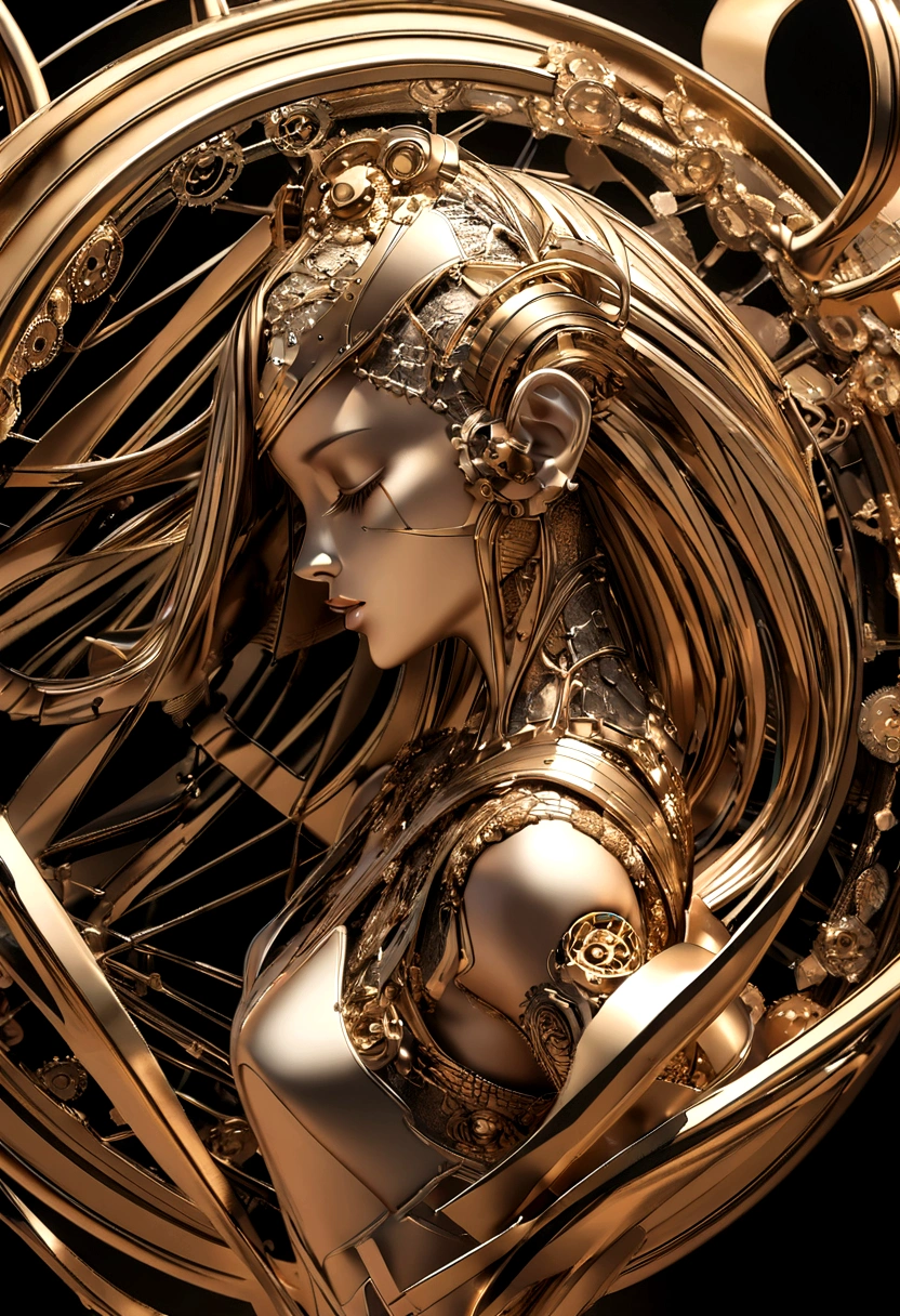 A centered profile of a 3D woman with an illustrated face, facing left, long hair, long eyelashes, metal skin, fleshy lips, eyes closed, wearing a topper with gears on it that extend all over her hair , digital art inspired by Hedi Xandt, kinetic art, made from gold metal gears, vintage, steampunk, gold with black veins, metallic background, open copy space, metal skin., textured skin, super detail, high details, high quality, award winning