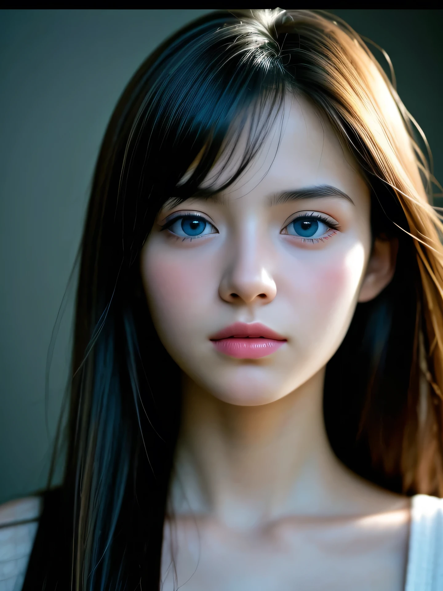 (Photo Real:1.4), (hyper realisitic:1.4), (Smooth lighting:1.05), 1 girl, teenager, blue eyes, happy, shy, O-face, looking away, Close-up of the face, Soft lighting, Back lighting, (Finest Real Textured Skins), Super fine face, glowy skin, retinas, Anatomically correct, (medium Hair:1.1), bangs, Textured skin, High quality, high details, Best Quality, High resolution,