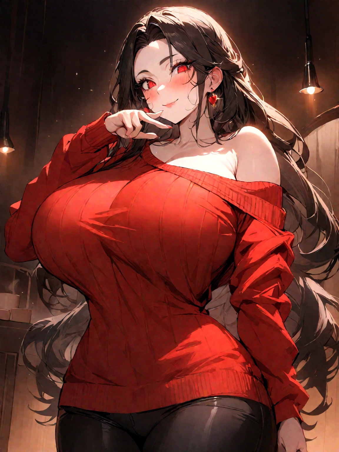 Women sharp features, 1 girl, black fur, alone, Red eyes, Closed mouth, blush, jewelry, White headband, earrings, Masterpiece, (giant breasts:1.2)(stomach:0.7), (Wide hips:0.4),(Red sweater:1.4),( off shoulder sweater:1.4),(Black pants:1.25),detailed eyes, make up, eyeliner, eyelashes, earrings, seductive smile, Closed mouth, Masterpiece, Best Quality, 1 girl, realist, 1 girl, blush, make up, glow, coffee background, clavicle, (Masterpiece), 1 girl, alone, detailed eyes, tall female body, detailed, bright face, dynamic lighting, whole body, full HD, good detail, perfect hands, maduro_Women, lighting on the face, detailed eyes, adult Women, maduro Women, cowboy shot, cowboy shot, curvy pose, Upper part of the body, tall female body, bright face, cheered up, red apron, cheered up, ,