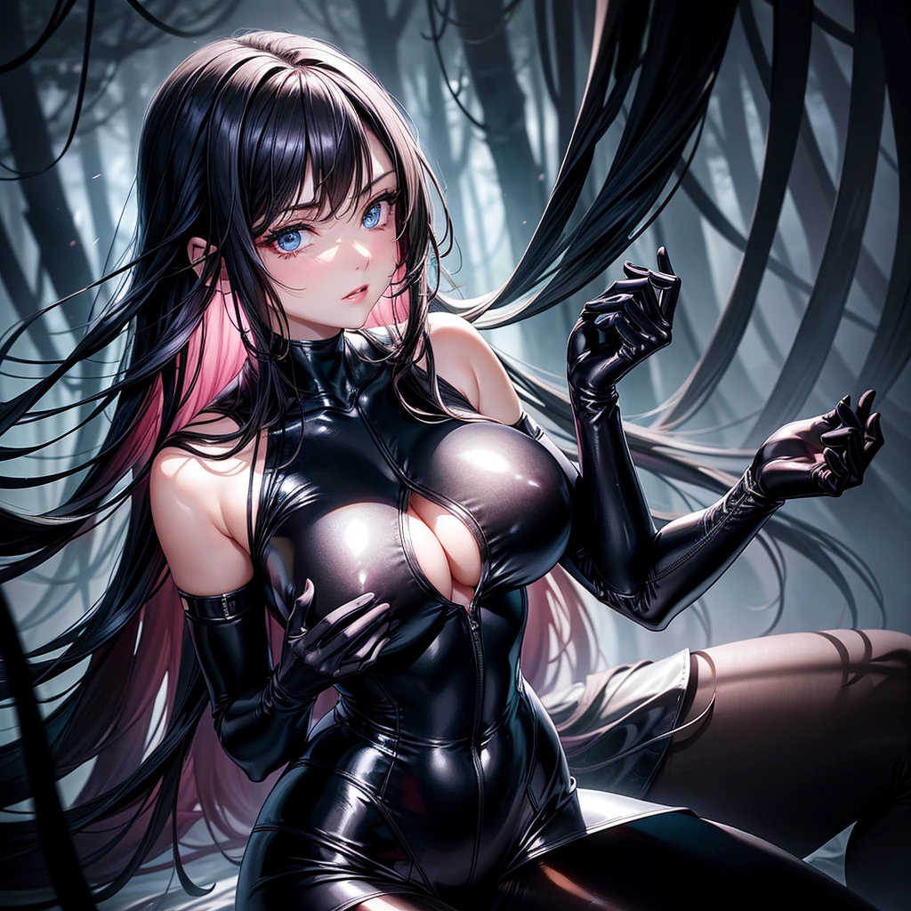 very detailed face, detailed clothing, detailed fabric, 1 woman, perfectly drawn body, huge breasts, sexy pose, beautiful face, long black hair, blue eyes, very detailed eyes, pink cheeks, shy expression,  (Shiny black tight bodysuit), black gloves, gloves covering hands, Sensual lips ,  dinner de invierno, Show details at a glance, View from the front, looking at viewer, dark road, Dark Forest, dinner, atmosphere, Fog