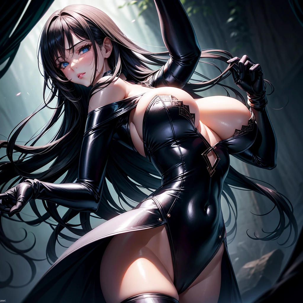 very detailed face, detailed clothing, detailed fabric, 1 woman, perfectly drawn body, huge breasts, sexy pose, beautiful face, long black hair, blue eyes, very detailed eyes, pink cheeks, shy expression, (Shiny black tight bodysuit), black gloves, gloves covering hands, Sensual lips , dinner de invierno, Show details at a glance, View from the front, looking at viewer, dark road, Dark Forest, dinner, atmosphere, Fog
