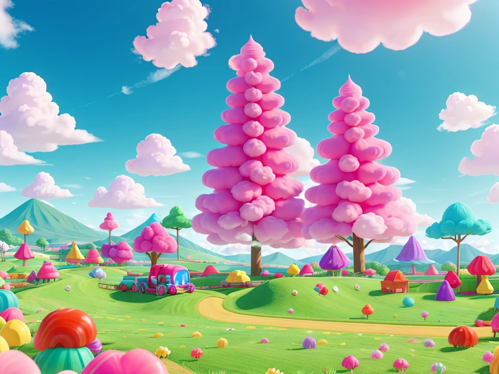 Candy themed go karts
* Background: Pastel cotton candy clouds form rolling hills. In the distance, a Mento candy mountain or giant gumdrop mountains. Peppermint grass blades in the foreground.
* Dynamic Elements: Bright candy go-karts race looping back right to front left. Cotton candy clouds have a subtle upward drift animation.