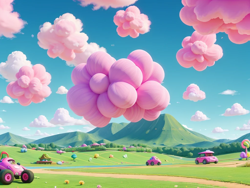 Candy themed go karts

 * Background: Pastel cotton candy clouds form rolling hills. In the distance, a Mento candy mountain or giant gumdrop mountains. Peppermint grass blades in the foreground.
 * Dynamic Elements: Bright candy go-karts race looping back right to front left. Cotton candy clouds have a subtle upward drift animation.
 
