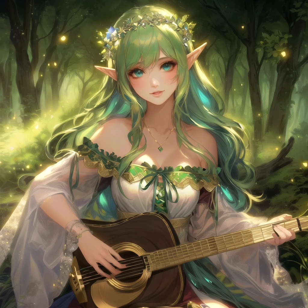 high quality、There is a girl in the forest with a bodhran., Elven bard of the forest playing the lute, Fantasy art style, Elf Princess, Elf Princess, artwork in the style of Gwaiz, Elf Girl, beautiful Elf Princess, 2. 5d cgi anime fantasy artwork, epic Fantasy art style hd, alluring Elf Princess knight, epic Fantasy art style, Gwaiz