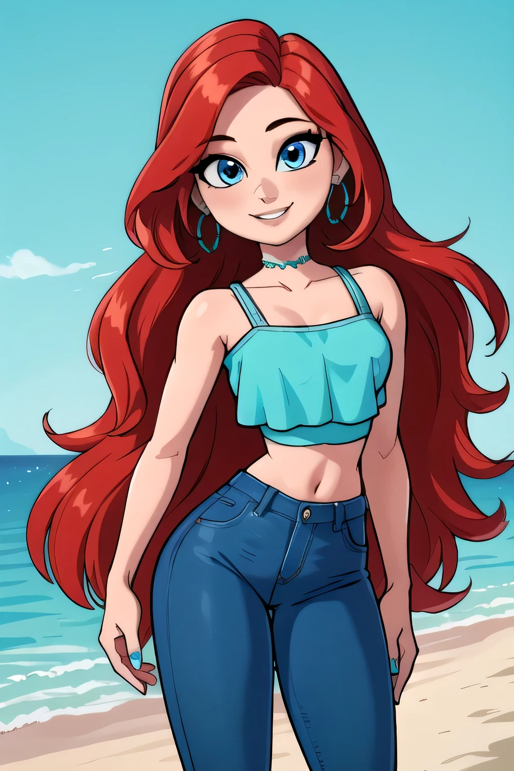 masterpiece,,((ultra detailed background, intricate detail)), (highly detailed, fine details, rich colors), best quality, beautiful lighting, ruby 1girl, solo, long hair, looking at viewer, smile, jewelry, very long hair, standing, red hair, earrings, pants, blue eyes, white-skinned female, aqua ruffle crop top, denim, blue nails, jeans, hoop earrings, blue pants, beach background,
