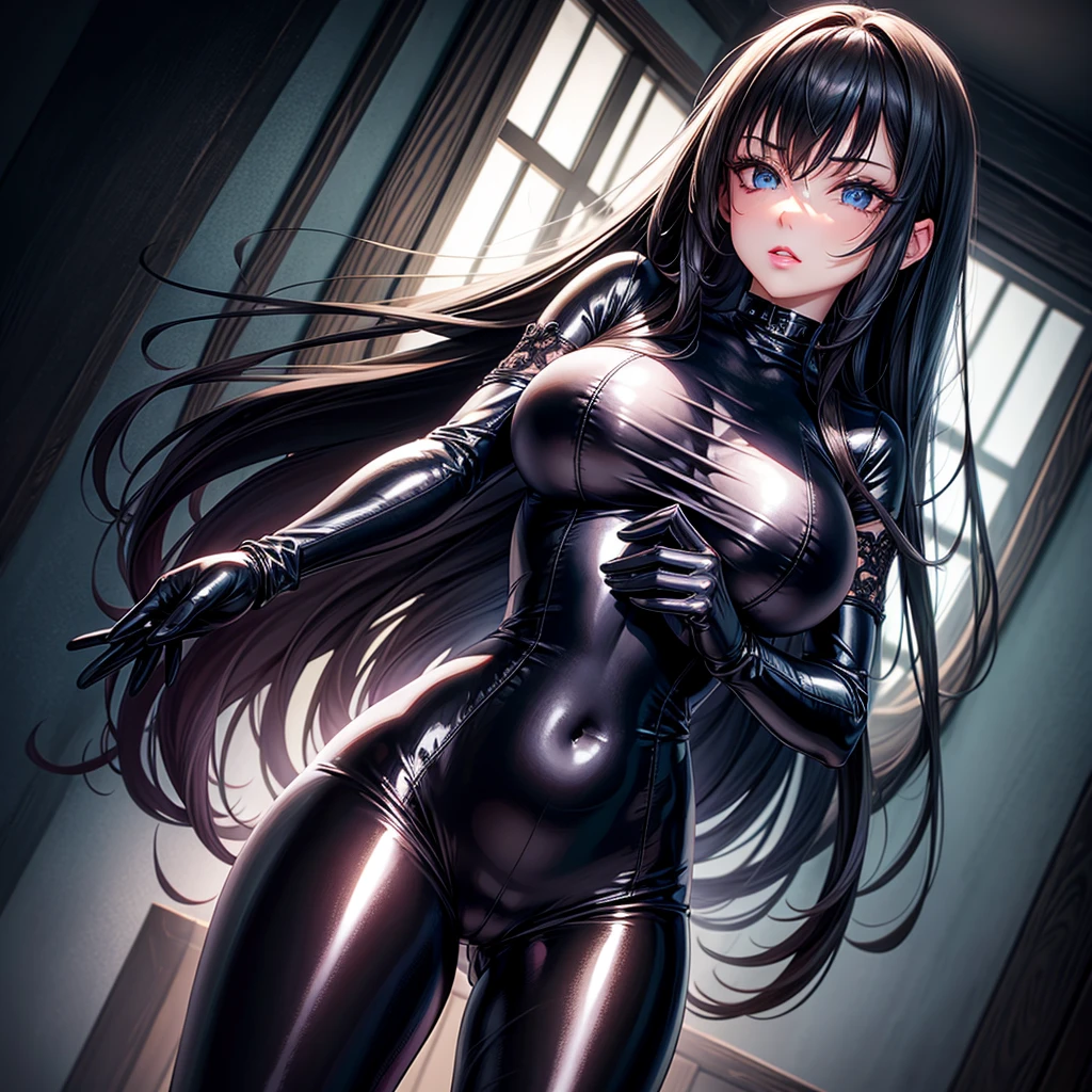 very detailed face, detailed clothing, detailed fabric, 1 woman, perfectly drawn body, huge breasts, sexy pose, beautiful face, long black hair, blue eyes, very detailed eyes, pink cheeks, shy expression, (Shiny black tight bodysuit), black gloves, gloves covering hands, Sensual lips , dinner de invierno, Show details at a glance, View from the front, looking at viewer, dark road, Dark Forest, dinner, atmosphere, Fog