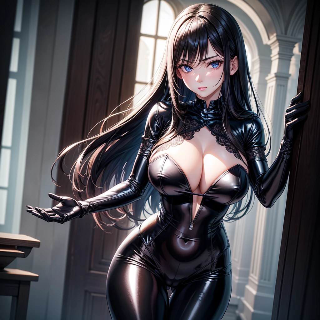 very detailed face, detailed clothing, detailed fabric, 1 woman, perfectly drawn body, huge breasts, sexy pose, beautiful face, long black hair, blue eyes, very detailed eyes, pink cheeks, shy expression, (Shiny black tight bodysuit), black gloves, gloves covering hands, Sensual lips , dinner de invierno, Show details at a glance, View from the front, looking at viewer, dark road, Dark Forest, dinner, atmosphere, Fog