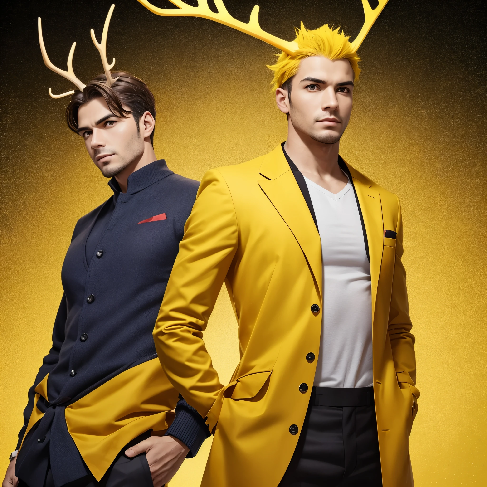 Generate an image of a male entrepreneur standing upright with a serious expression, facing directly forward in a passport-style shot. He is wearing yellow clothing and has antlers growing from his head. Ensure the background is simple to emphasize his presence.
