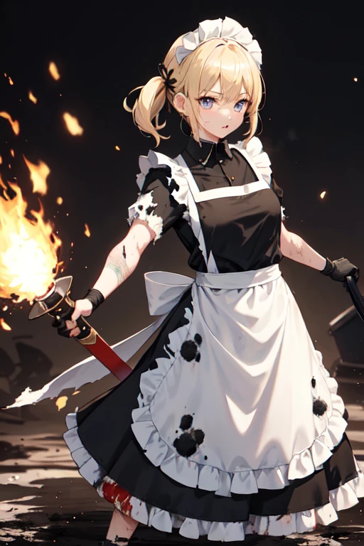 ((Super best quality:1.4))((High resolution:1.4))((detailed))((Attention to detail))(Draw the whole body)cute, Blonde, Small breasts, Maid clothes(白と黒のMaid clothes,White apron, head band, Classic, Long skirt), (Fighting with a big sword), Double-handed sword(Western Design), Burning Battlefield, A powerful enemy stands before you, Clothing is torn by enemy attacks, The clothes are dirty, ((Clothes are stained with soot and mud:1.6))((My clothes are tattered:1.6)), Close race, fierce fighting, Fierce Battle, 敵の攻撃でMaid clothesがぼろぼろだ, (Torn Apron:1.6), (A tattered apron:1.6)Muddy, Covered with soot, spark, Fight desperately, Desperate, (My whole body was injured), Shabby maid,