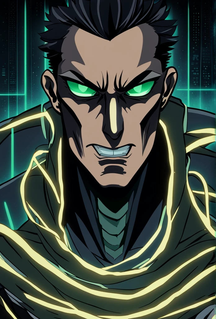 anime man with a dark and brooding demeanor, with glowing green eyes and a malicious grin,  into a powerful computer  with visible electric currents flowing through his body, while ominous shadows surround him, (sinister:1.2), (dark and moody lighting), (ominous atmosphere), (contrast between light and darkness)