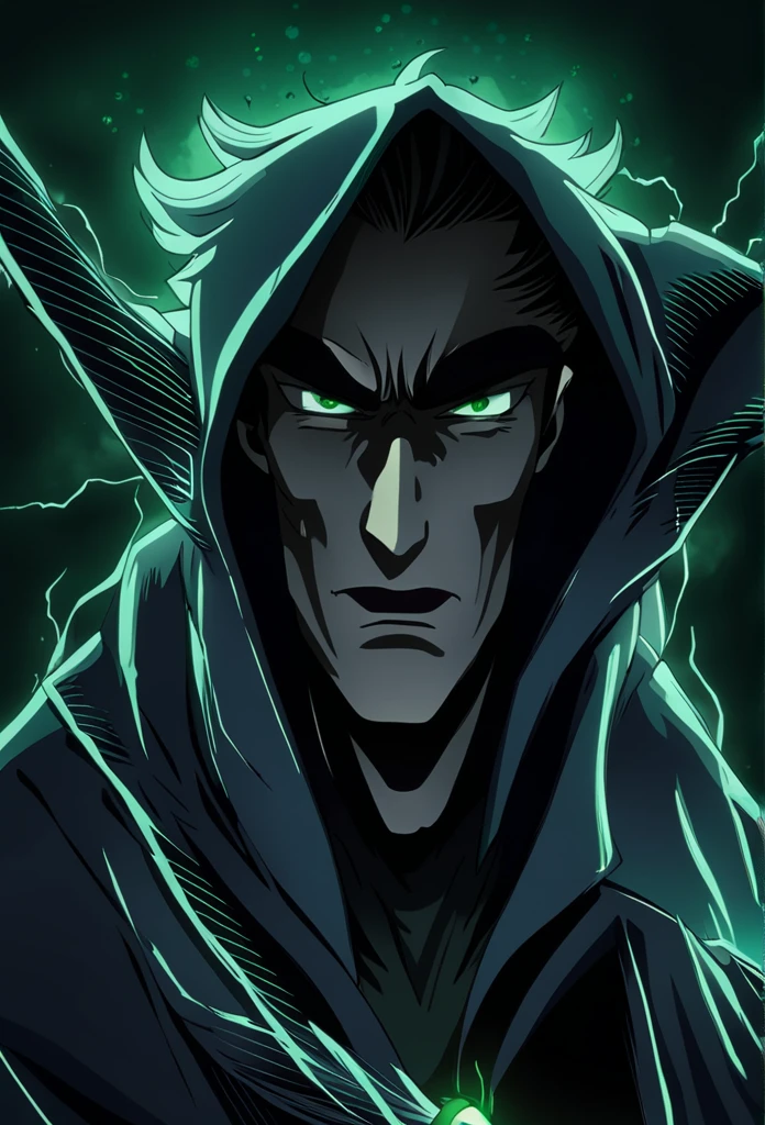 anime man with a dark and brooding demeanor, with glowing green eyes and a malicious grin, into a powerful computer with visible electric currents flowing through his body, while ominous shadows surround him, (sinister:1.2), (dark and moody lighting), (ominous atmosphere), (contrast between light and darkness)